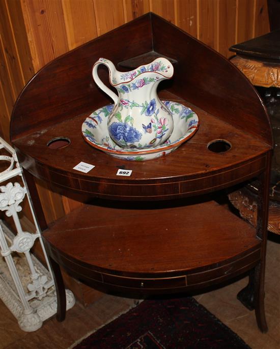 George III inlaid mahogany bowfronted corner washstand and a Masons Ironstone jug and bowl